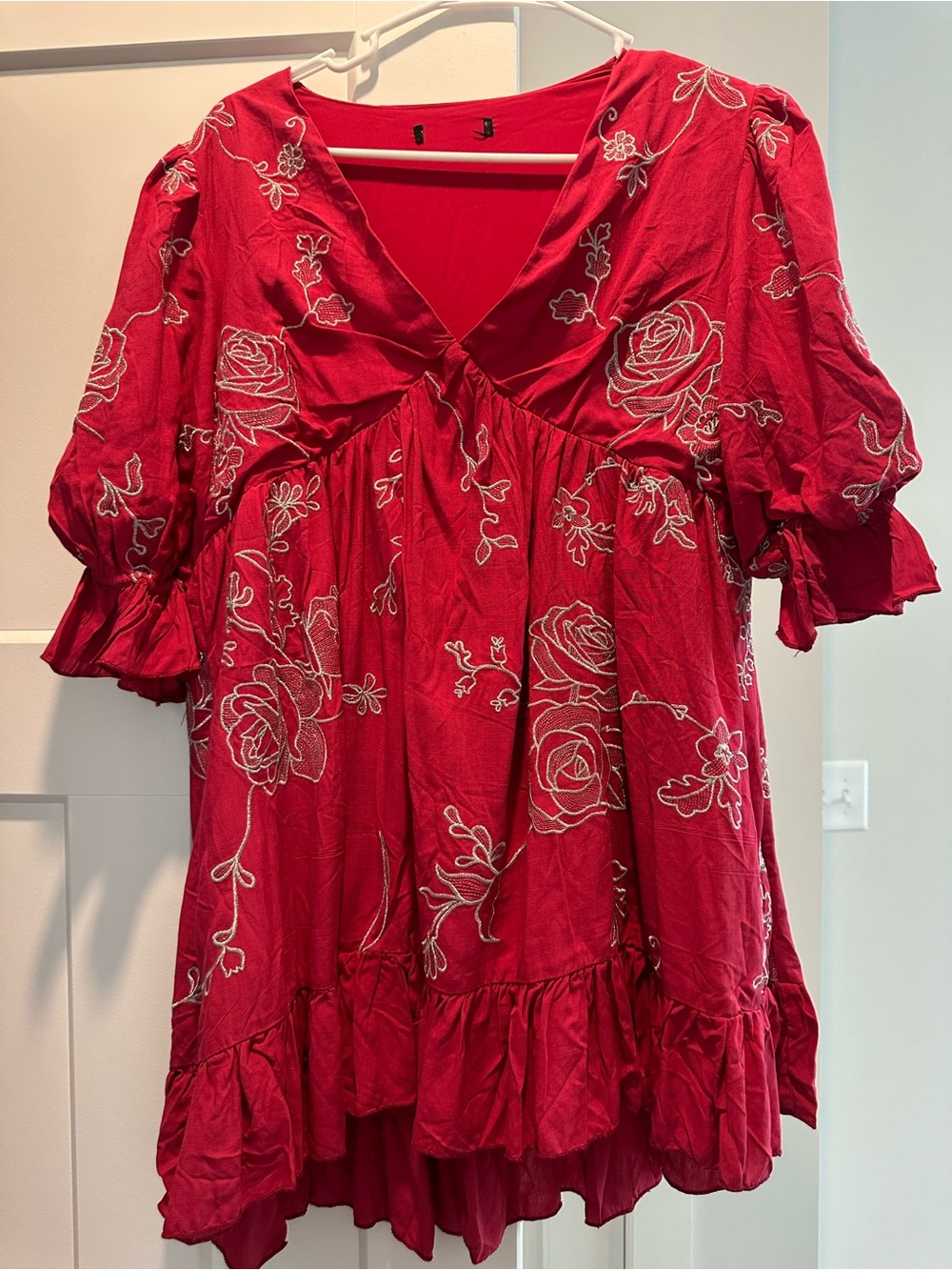 Red Floral Embroidered V-Neck Women's Dress